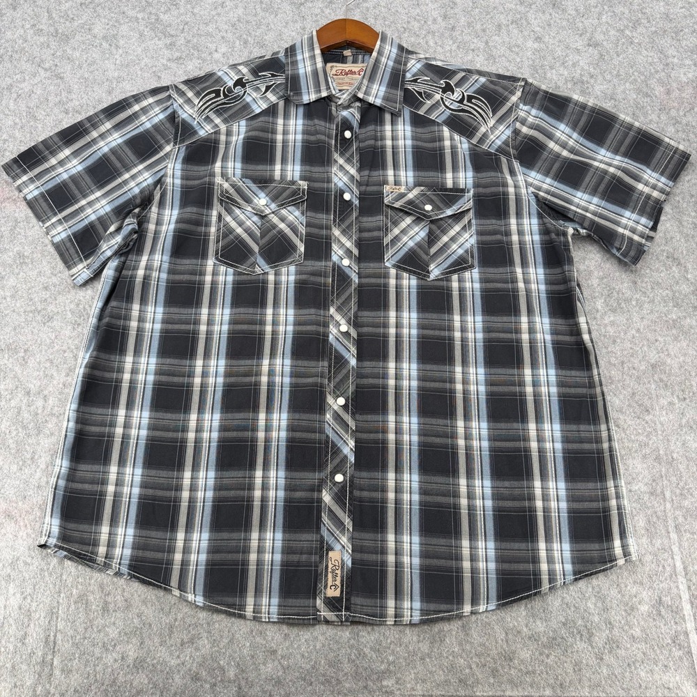 Rafter C Mens Western Pearl Snap Shirt Black Blue Plaid Embroidered Yoke XXL